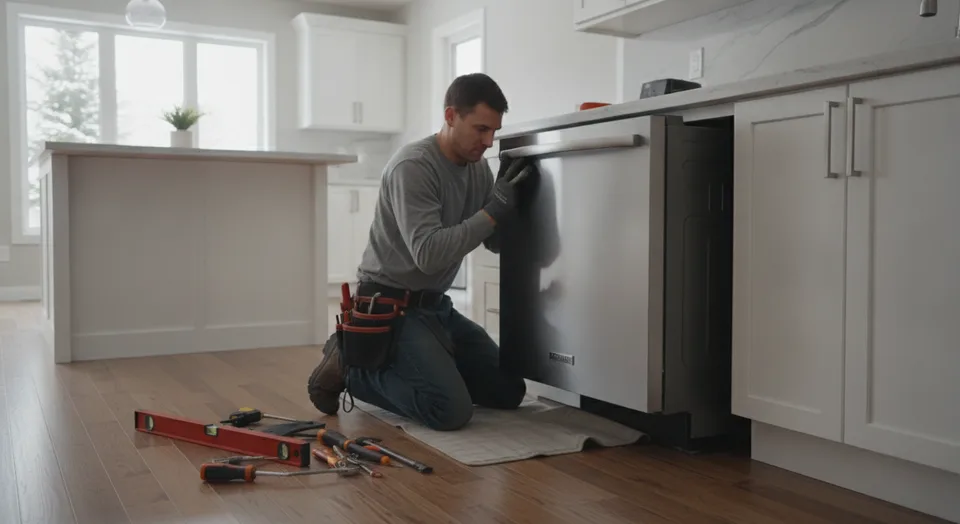 Installer fitting a built-in dishwasher in a Kitchener kitchen